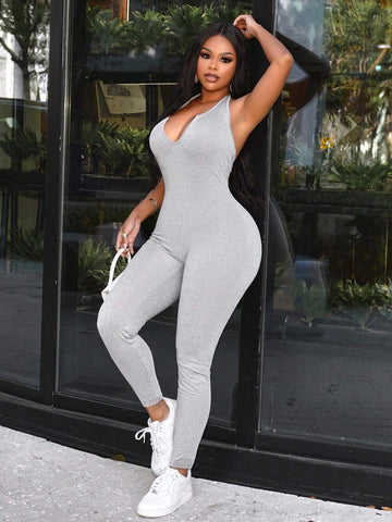 Halter Neck Tight Elastic Bodysuit With Cut-Out Design