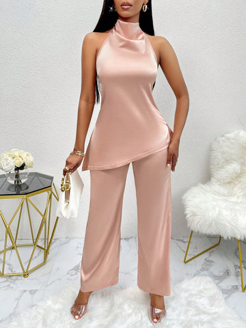 Hanging Detail Halter Neck Satin Top And Pants Set