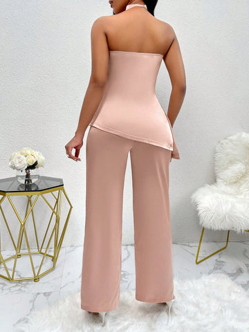 Hanging Detail Halter Neck Satin Top And Pants Set