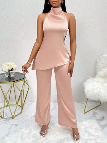 Hanging Detail Halter Neck Satin Top And Pants Set