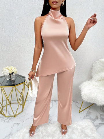 Hanging Detail Halter Neck Satin Top And Pants Set