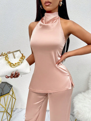 Hanging Detail Halter Neck Satin Top And Pants Set