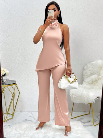 Hanging Detail Halter Neck Satin Top And Pants Set