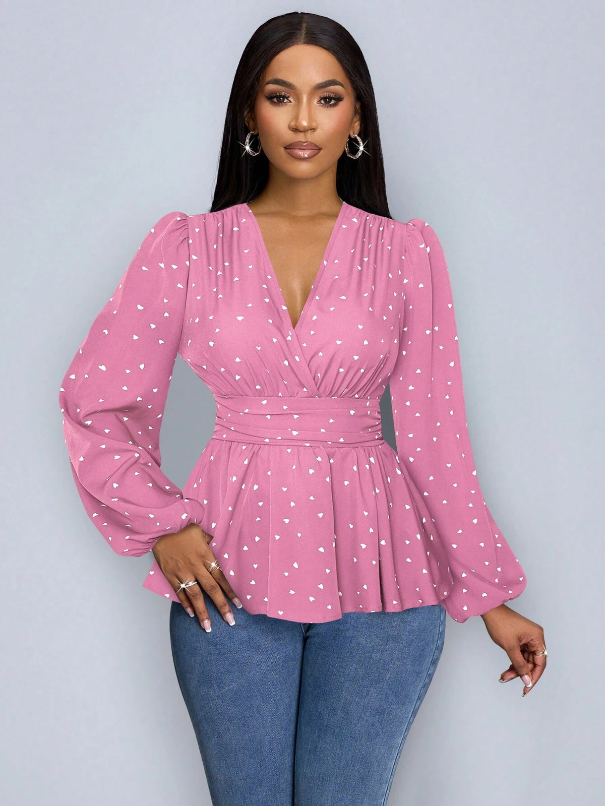 Slayr Heart Print Wrap Neckline Lantern Sleeve Blouse With Ruffle Hem