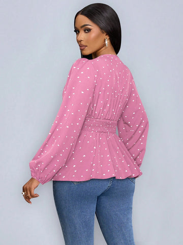 Slayr Heart Print Wrap Neckline Lantern Sleeve Blouse With Ruffle Hem