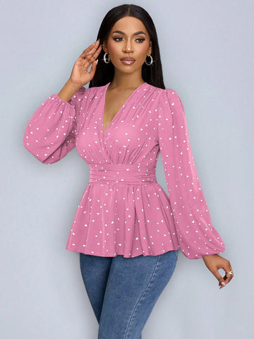 Slayr Heart Print Wrap Neckline Lantern Sleeve Blouse With Ruffle Hem