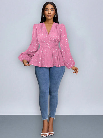 Slayr Heart Print Wrap Neckline Lantern Sleeve Blouse With Ruffle Hem