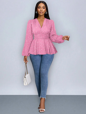 Slayr Heart Print Wrap Neckline Lantern Sleeve Blouse With Ruffle Hem