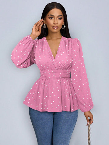 Slayr Heart Print Wrap Neckline Lantern Sleeve Blouse With Ruffle Hem