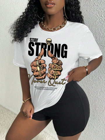 Hip-Hop Street Style Letter Skull Printed Loose Fit Women's 2pcs/Set Short Sleeve T-Shirt And Shorts Suitable For Summer