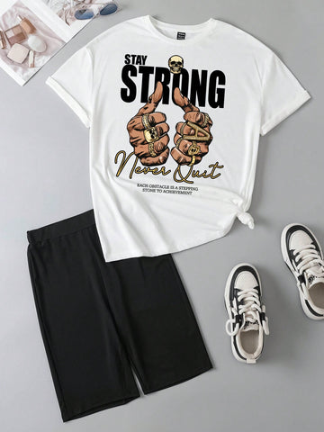 Hip-Hop Street Style Letter Skull Printed Loose Fit Women's 2pcs/Set Short Sleeve T-Shirt And Shorts Suitable For Summer