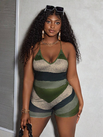 Holiday Beach Sexy Girl Summer V-Neck Criss-Cross Strap Backless Knitted Jumpsuit With Printed Color Block Patterns-H