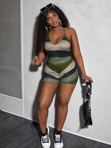 Holiday Beach Sexy Girl Summer V-Neck Criss-Cross Strap Backless Knitted Jumpsuit With Printed Color Block Patterns-H