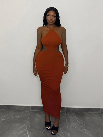 Holiday Beach Sexy Party Elegant Halterneck Backless Knitted Ribbed Long Women's Maxi Dress-C