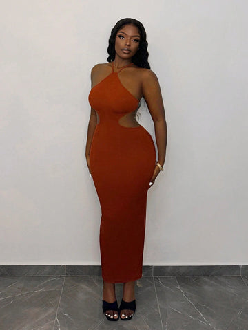 Holiday Beach Sexy Party Elegant Halterneck Backless Knitted Ribbed Long Women's Maxi Dress-C