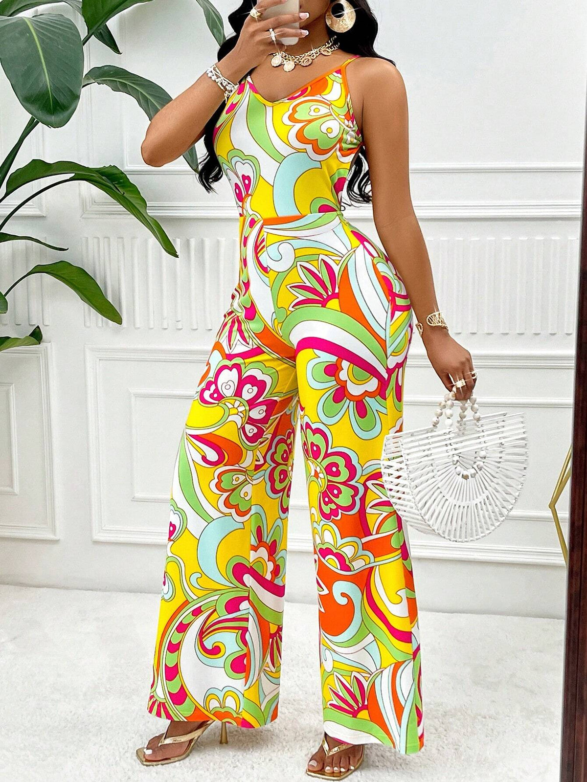 Holiday Print Spaghetti Strap Sexy Backless Jumpsuit (Floral)