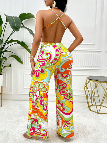 Holiday Print Spaghetti Strap Sexy Backless Jumpsuit (Floral)