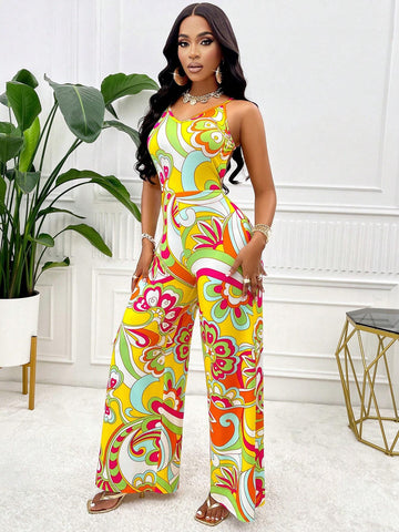 Holiday Print Spaghetti Strap Sexy Backless Jumpsuit (Floral)