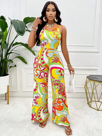 Holiday Print Spaghetti Strap Sexy Backless Jumpsuit (Floral)