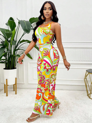 Holiday Print Spaghetti Strap Sexy Backless Jumpsuit (Floral)