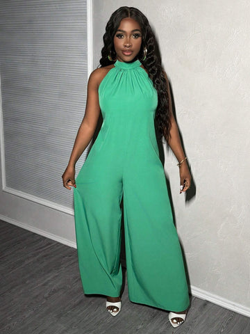 Holiday Women Solid Color Halter Neck Wide Leg Jumpsuit Sleeveless