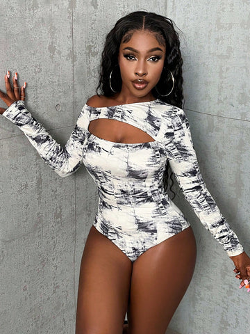 Hollow Out Asymmetrical Tie Dye Printed Bodysuit