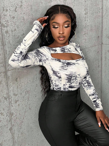 Hollow Out Asymmetrical Tie Dye Printed Bodysuit