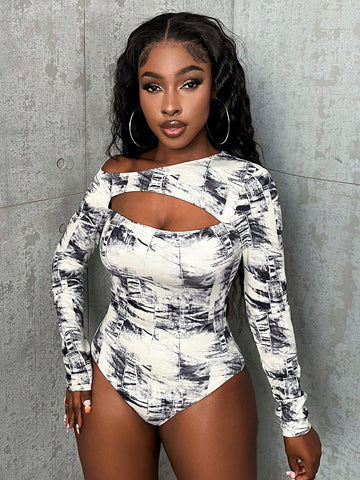 Hollow Out Asymmetrical Tie Dye Printed Bodysuit
