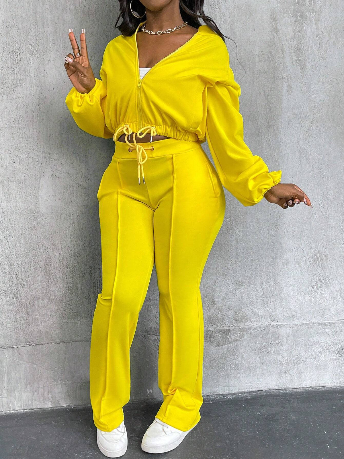 Jacket With Front Center Zipper And Insert Pockets, Flared Pants, Two-Piece Suit