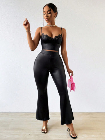 Lace Splice Slim Fit Camisole Top With Flare Pants