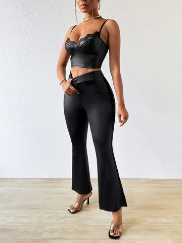 Lace Splice Slim Fit Camisole Top With Flare Pants