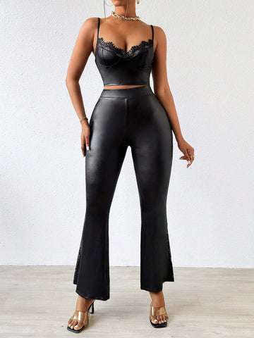 Lace Splice Slim Fit Camisole Top With Flare Pants