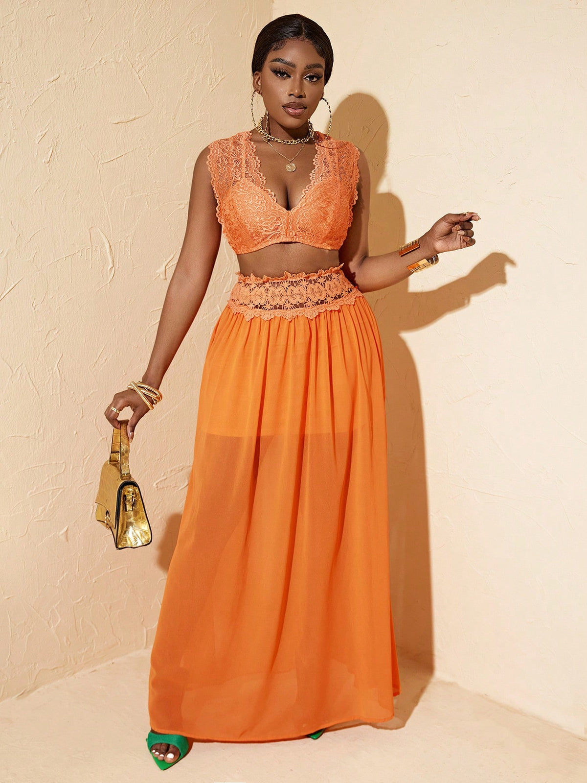 Lace Spliced Crop Top And Mesh Panel Skirt Set, Orange Beach Vacation Style