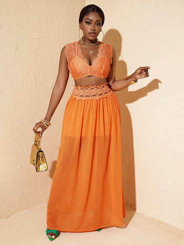 Lace Spliced Crop Top And Mesh Panel Skirt Set, Orange Beach Vacation Style