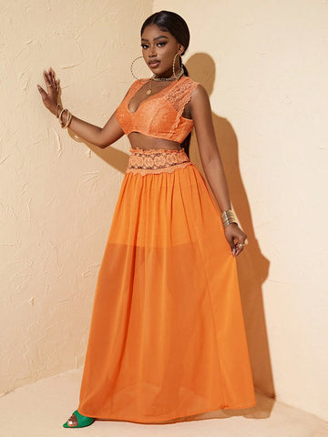 Lace Spliced Crop Top And Mesh Panel Skirt Set, Orange Beach Vacation Style