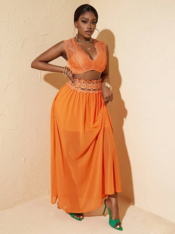 Lace Spliced Crop Top And Mesh Panel Skirt Set, Orange Beach Vacation Style