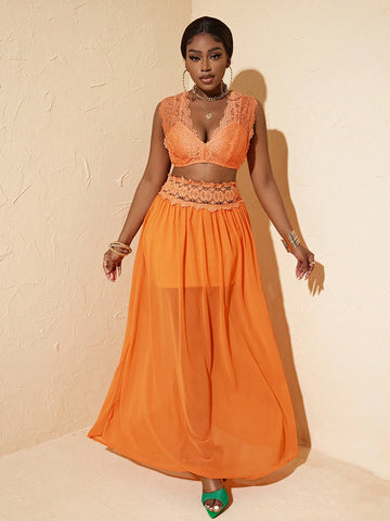 Lace Spliced Crop Top And Mesh Panel Skirt Set, Orange Beach Vacation Style
