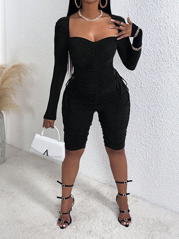 Lace Up Side Ruched Front Glitter Unitard Romper