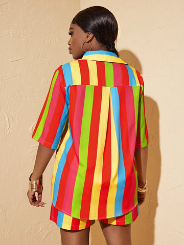 Ladies' Color Block Striped Shirt And Shorts 2pcs Set