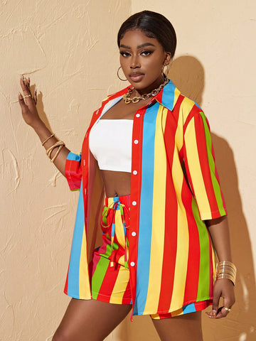 Ladies' Color Block Striped Shirt And Shorts 2pcs Set