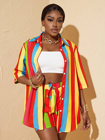 Ladies' Color Block Striped Shirt And Shorts 2pcs Set