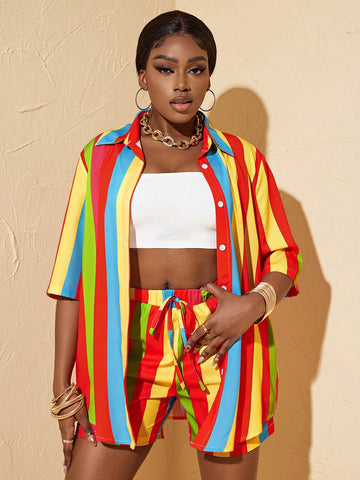 Ladies' Color Block Striped Shirt And Shorts 2pcs Set