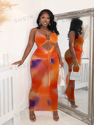 Ladies' Full Print & Hollow Out Spaghetti Strap Dress