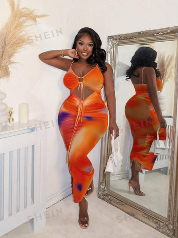 Ladies' Full Print & Hollow Out Spaghetti Strap Dress