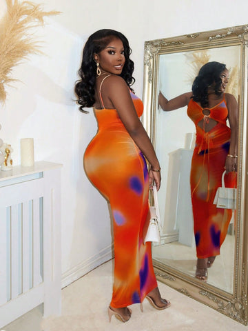 Ladies' Full Print & Hollow Out Spaghetti Strap Dress