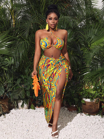 Ladies' Halter Two Piece Set Of Flowy Printed