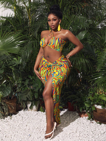Ladies' Halter Two Piece Set Of Flowy Printed