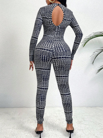 Ladies' Hollow Out Skinny Jumpsuit (random Print)