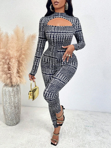 Ladies' Hollow Out Skinny Jumpsuit (random Print)