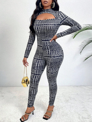 Ladies' Hollow Out Skinny Jumpsuit (random Print)